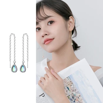 

Mocanie Authentic 925 Sterling Silver Long Chain Gradient Color Water Drop Dangle Earring for Women Ear Line Fine Jewelry Bijoux