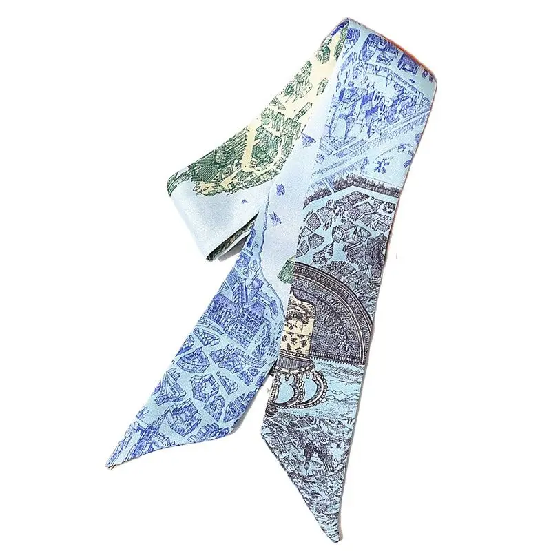 Classic Bag Scarf City of Horses Women's Small Silk Scarf Tie Handbag Handle Narrow Long Ribbon Hair Tie Ladies Scarf C36 fashion carriage series ladies scarf twill print headscarf handbag ribbon hair headband ladies neck scarf g23