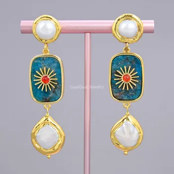

GuaiGuai Jewelry Freshwater White Pearl Coin Natural Blue Apatite Rising Sun Glod Plated Pearl Stud Earrings