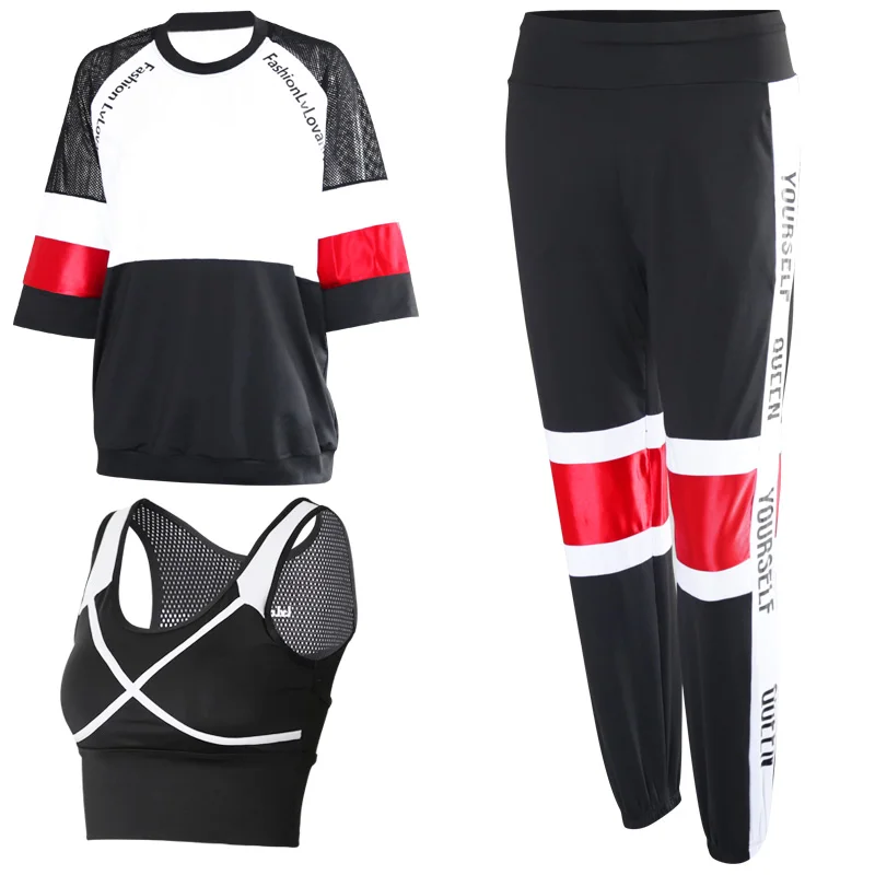 

Plus Size New Fitness Women 3 in 1 Set Yoga Set Sport Bra & Patchwork Pants & Loose T-Shirts Sport Wear Suit Outdoor Jogging