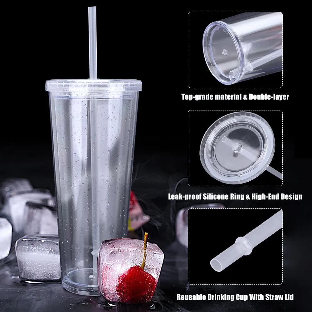TCJJ Straw Cup With Lid Double-layer Reusable Drinking Cup Plastic Tumbler Transparent Tea Fruit Coffee Mugs DIY Water Bottle water cup