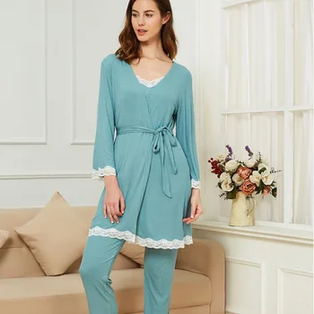 

fashion pajamas set for women 3 pcs sexy Lace robe thin section pajamas female home clothes long sleeve winter nightwear