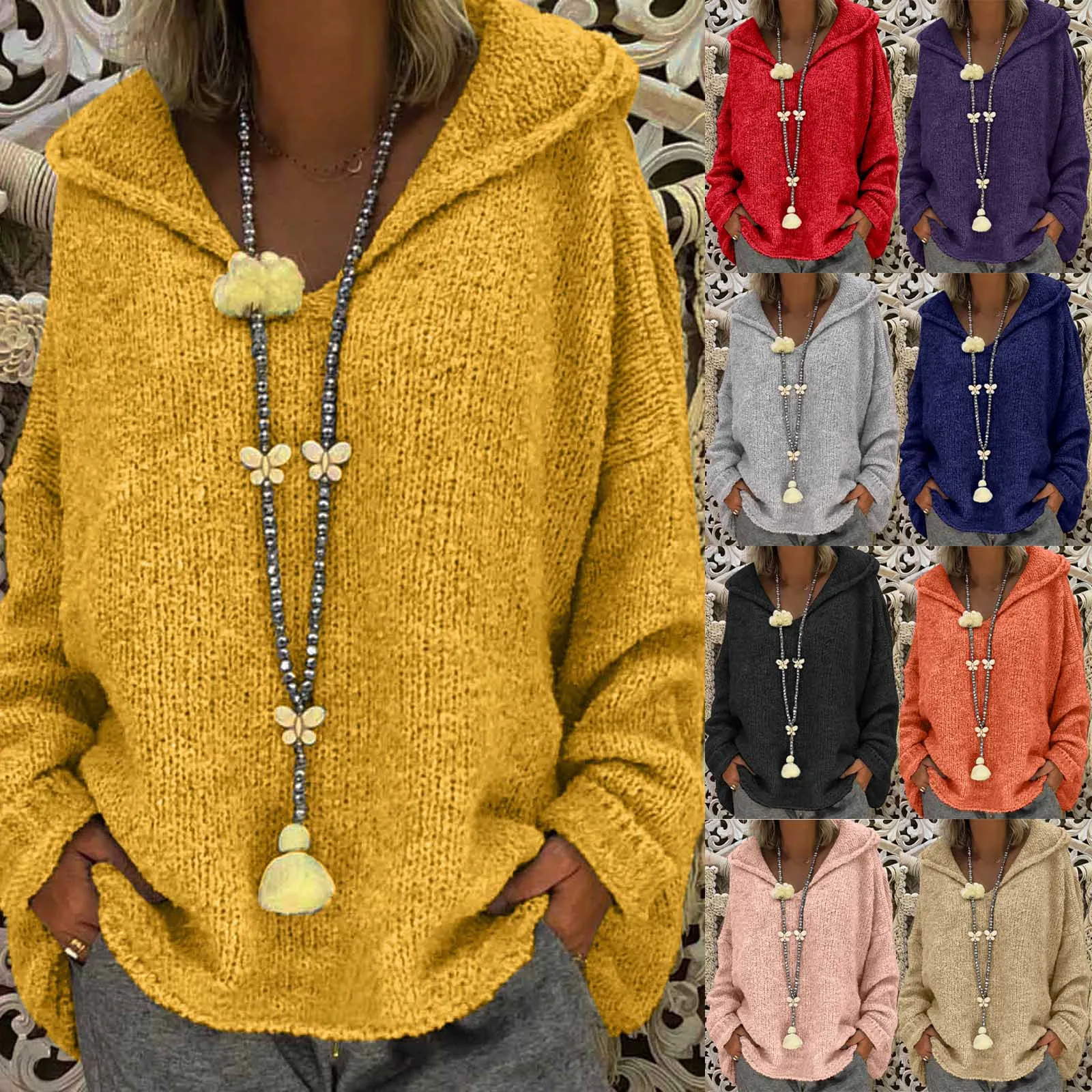 Suéter holgado de manga larga para mujer, Jersey de manga larga con capucha de Color liso elástico