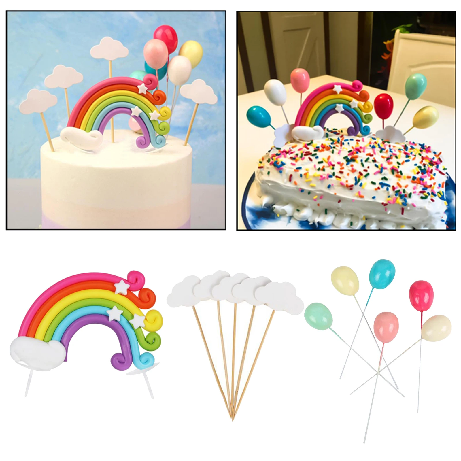 1 Set Rainbow Cake Topper Cupcake Picks Birthday Party Cloud Balloon Decorations