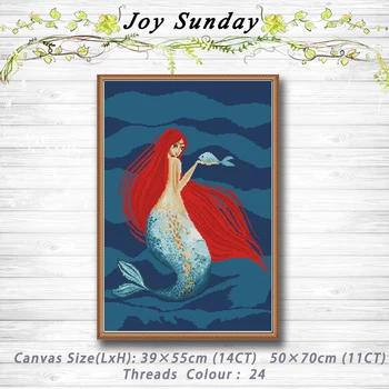 

Red-haired mermaid decor painting dmc 14CT 11CT counted cross stitch kits embroidery set Needlework Set chinese cross stitch