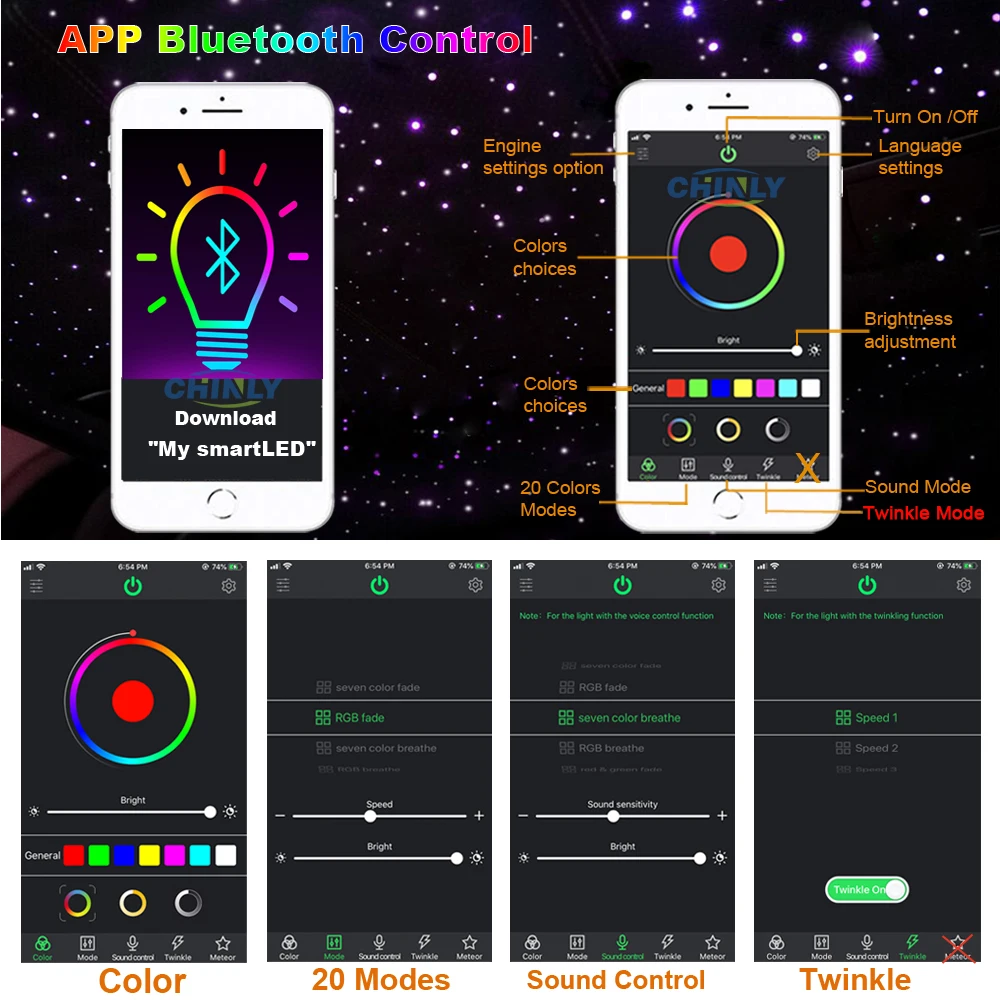 NEW Bluetooth APP Control Fiber Optic Light Engine Twinkle Effect 12W Musical Jump Ceiling Star Light Device