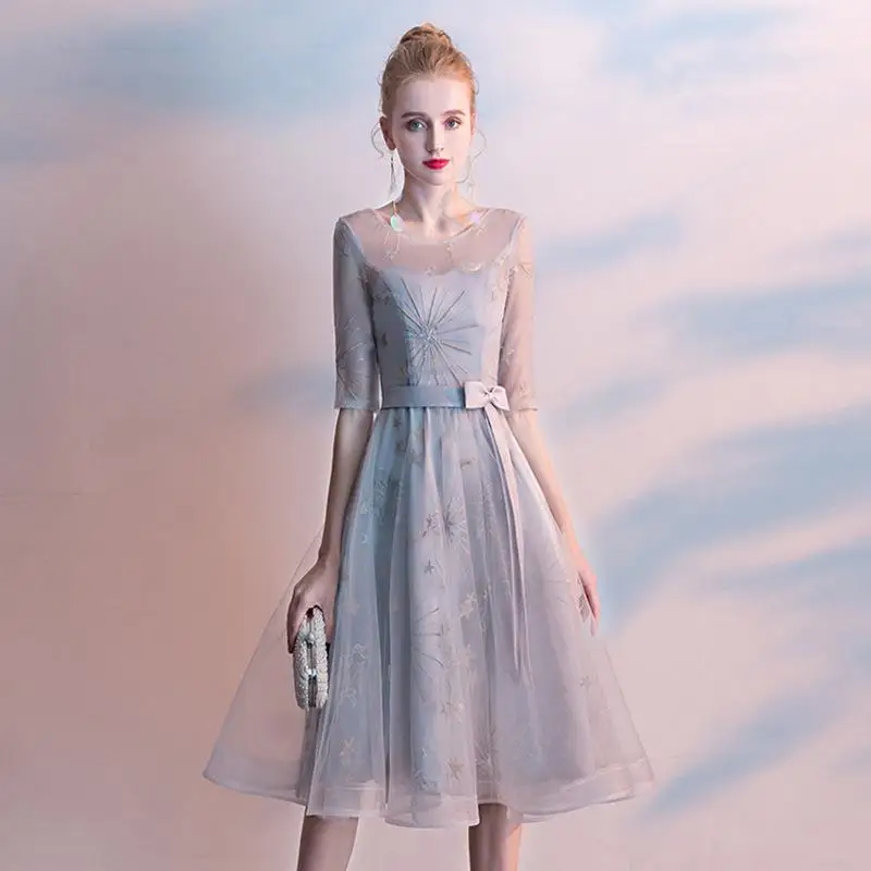 Elegant Light Blue Patchwork Mesh Dress Star Sequins Cheongsam Formal Party Gowns Female Embroidery Sexy Chinese Dress Qipao - Цвет: Grey