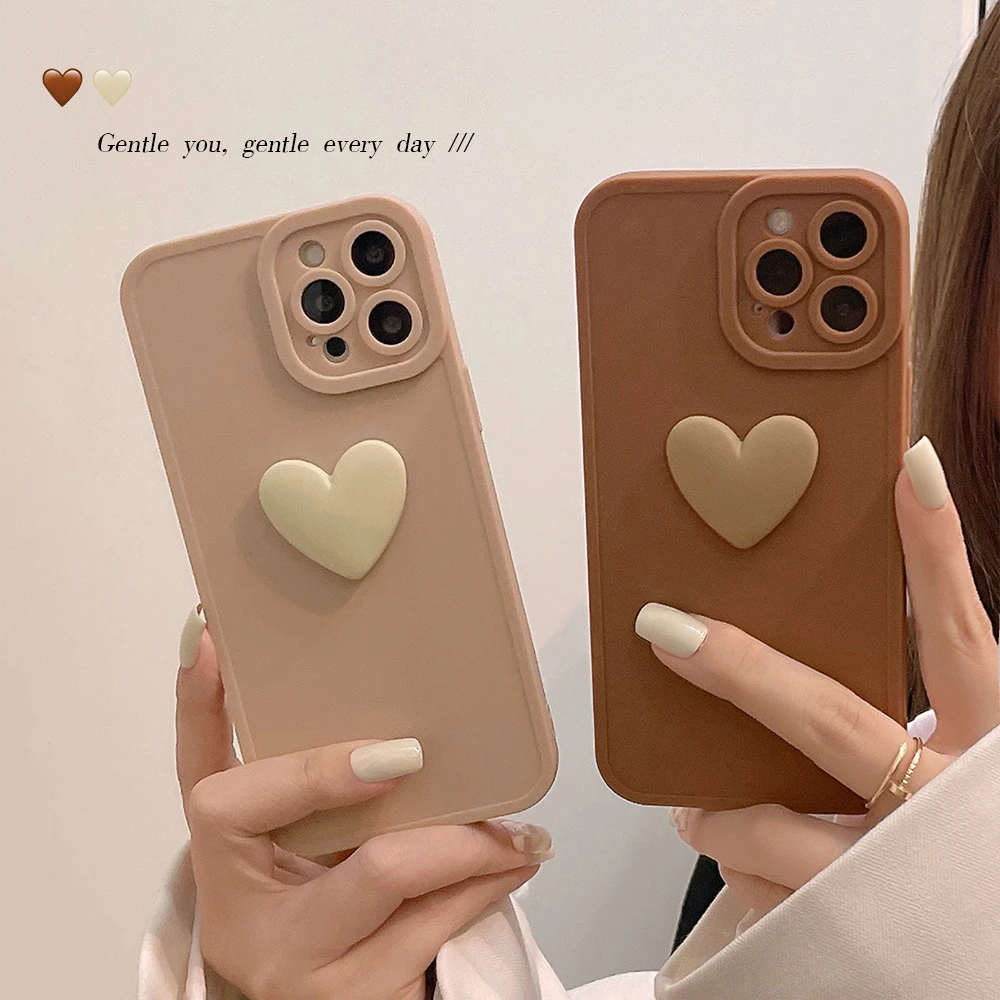 iphone 13 pro max leather case Khaki heart phone case for iphone 13 mini 11 12 pro max 7 8 plus x xr xsmax 3d cute love silicone soft shockproof conque capa iphone 13 pro phone case