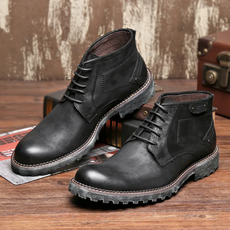 

England Genuine Leather Hight-top Men's Boots Retro Retro Desert Boots Dull Polish Cowhide Boots MEN'S Short Boots Lace-up Marti