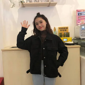 

Women Denim Jackets Casual Solid Loose Jean Jacket Pockets Spring Autumn Women Long Sleeve Coat Female Outwear Basic Coat