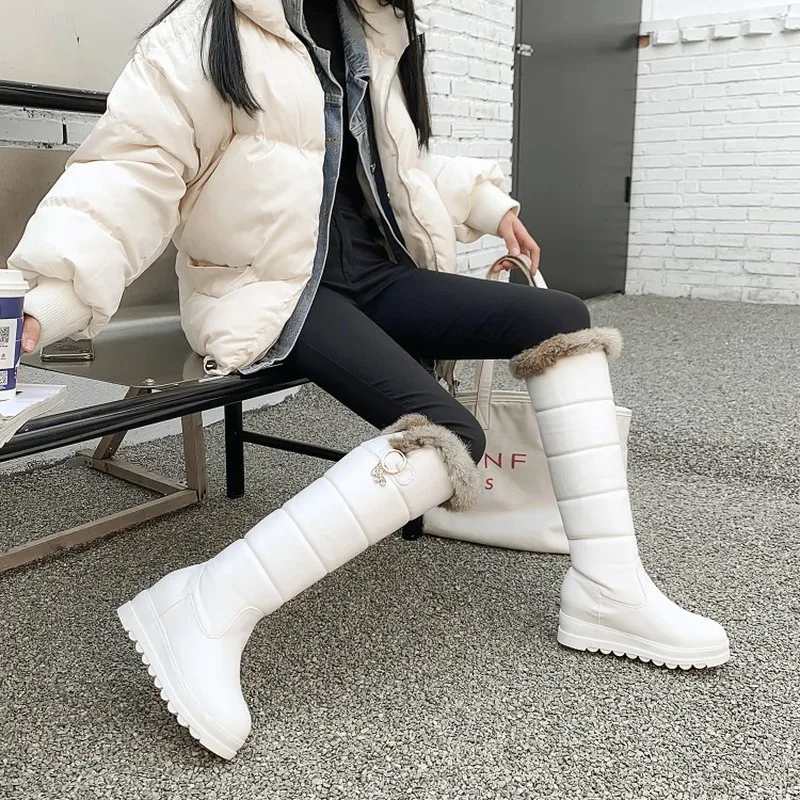 Snow Boots Size33-43 Women Boots Heels Female Round Toe Height Increasing Office Lady Shoes Woman Winter Boots Black White