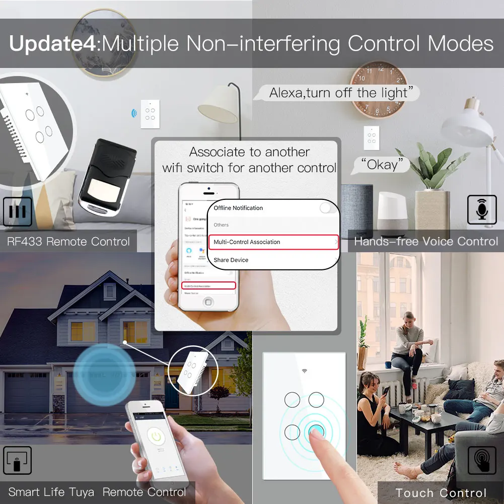 Interruptor de Painel de Vidro Controle de Voz com Alexa Casa do Google Moes Inteligente Vida Tuya App Multi-controle Associação 4 Gang - - Image 4