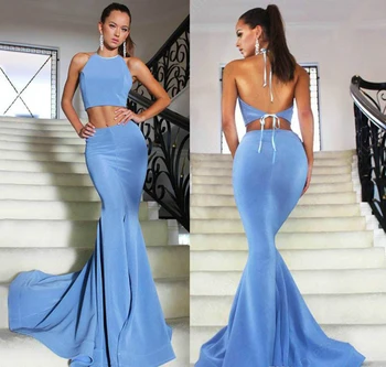 

Lorie 2020 Ocean Blue Satin Evening Dress Mermaid Simple Two Pieces Backless Formal Prom Party Gown Custom Made Plus Size