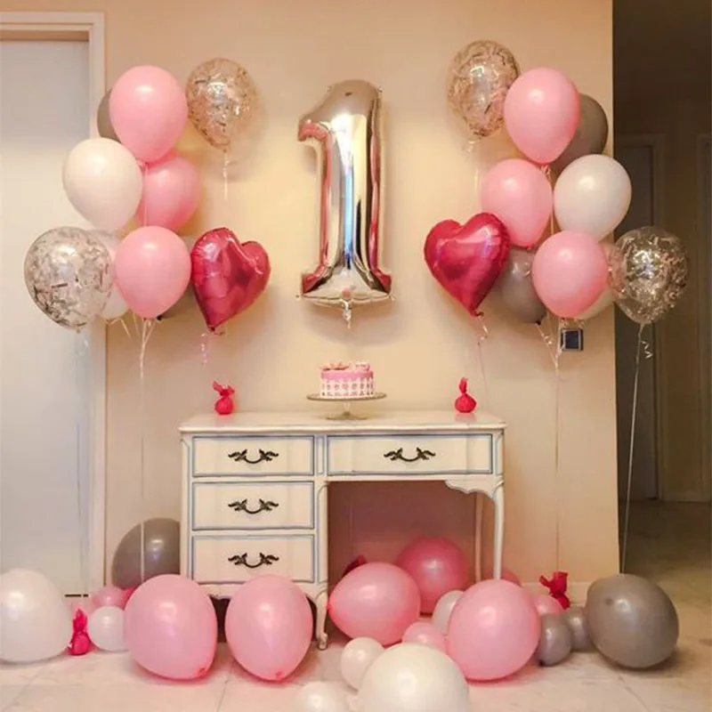 

21pcs/lot 1 2 3 4 5 Years Old Birthday Balloons Pink heart with 32 inch Number 1th Birthday Party Decoration Kids