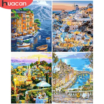 

HUACAN Oil Painting By Numbers On Canvas City DIY Pictures By Number Hand Painted House Landscape Kits Home Decoration