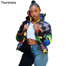 Tsuretobe размера плюс камуфляжная зимняя куртка женская теплая водолазка пальто повседневные парки на молнии пуховик верхняя одежда с длинным рукавом