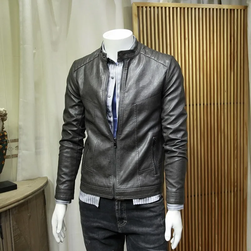 

Fashion Korean Solid Slim Fit Mens Faux Leather Jackets Stand Collar Long Sleeve Zip Moto Biker Big Size Male PU Leather Coats