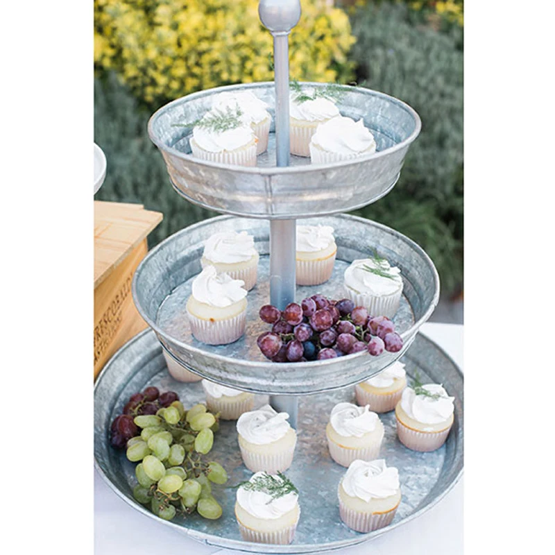 3 Tier Cake Stand Galvanized Metal Serving Tray Plant Dessert Cupcake Fruit Tiered Platter Vintage Decor for Home Party Kitchen