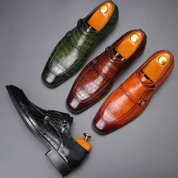 

Luxury Style Men Shoes Brown Black Green Crocodile Pattern Printed Dress Shoes Formal Business Leather Shoes Monk Straps Oxfords
