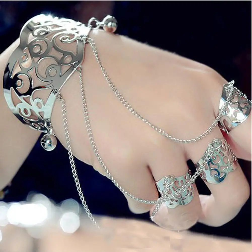 

Retro rings for women bangles for women Hollow Flower Wide Open Cuff Bell Bracelet Bangle 3-Finger Ring Jewelry