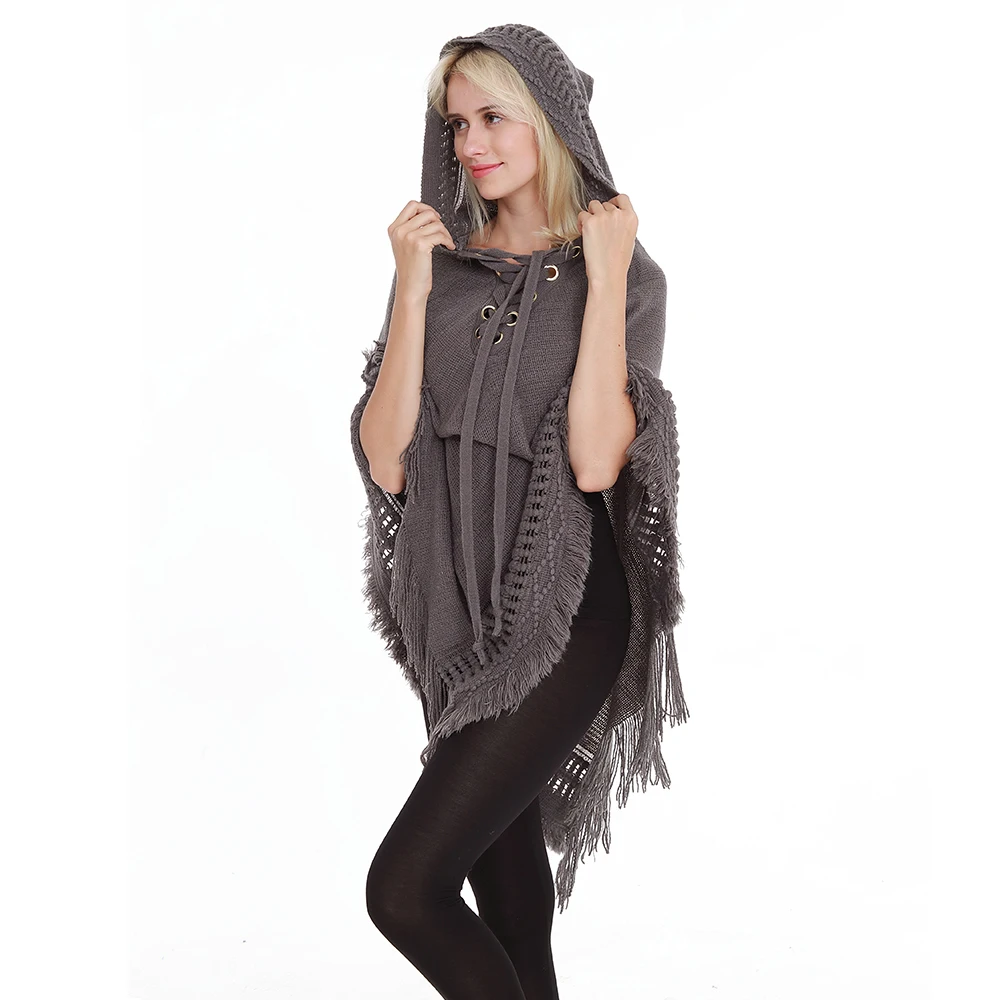 2019New Ladies Hooded Poncho Solid Color Cape With Rope Tassel Crochet Knitting Poncho For Women Pullover