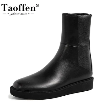 

Taoffen Real Leather Women Ankle Boots Round Toe Flats Zipper Shoes Winter Warm Boots Women Fashion Party Footwear Size 34-40