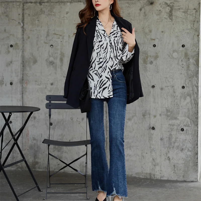 Autumn and winter women's jeans casual solid color high waist stretch flared jeans