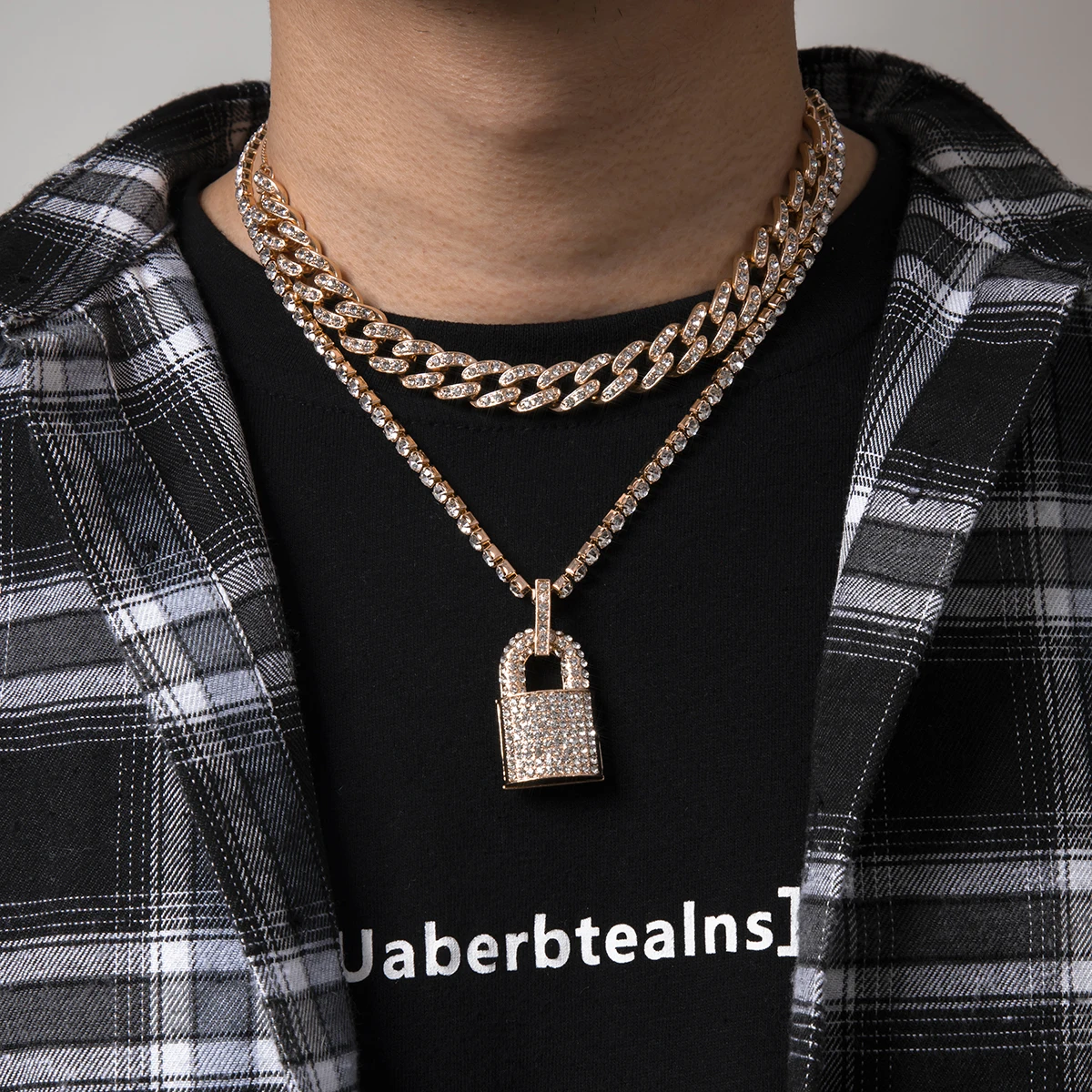 KunJoe 2021 New Hip Hop Bling Lock Pendant Choker Iced Out Shiny Cubic Zircon Necklace For Men Charm Jewelry Fashion Punk China