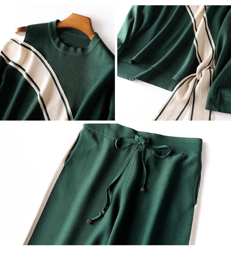 Женский осенне-зимний вязаный свитер Топы+ широкие брюки костюм с вырезами на плечах полосатые пуловеры повседневный комплект из двух предметов зеленый
