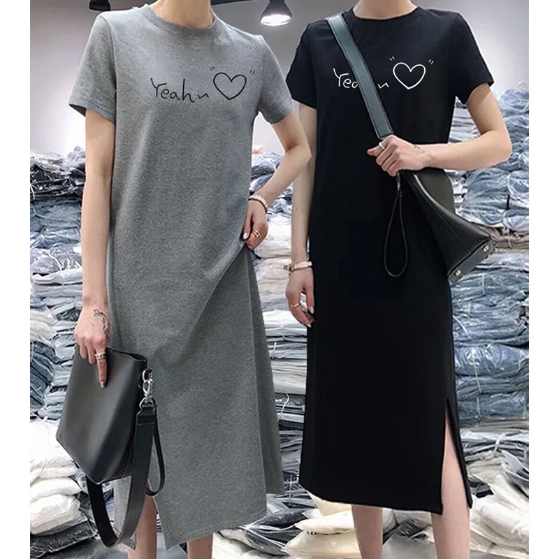 

Summer Short-sleeve Dress Women's Casual Belly Covering Large Size Loose-Fit Mid-length over-the-Knee Base T-shirt Skirt