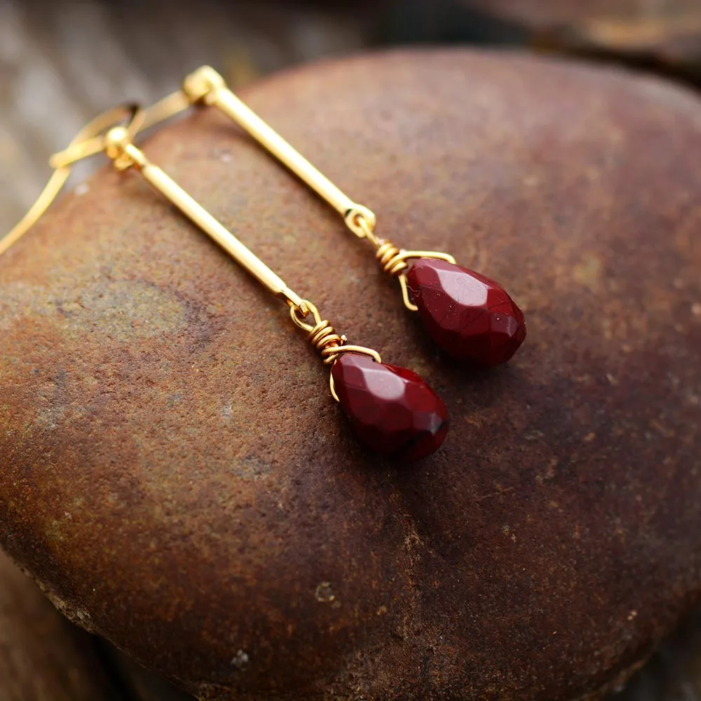 Gems Earrings for Women Red Jaspers Gold Tone Drop Dangle Earring Bohemian Elegant Art Jewelry Femme Gifts
