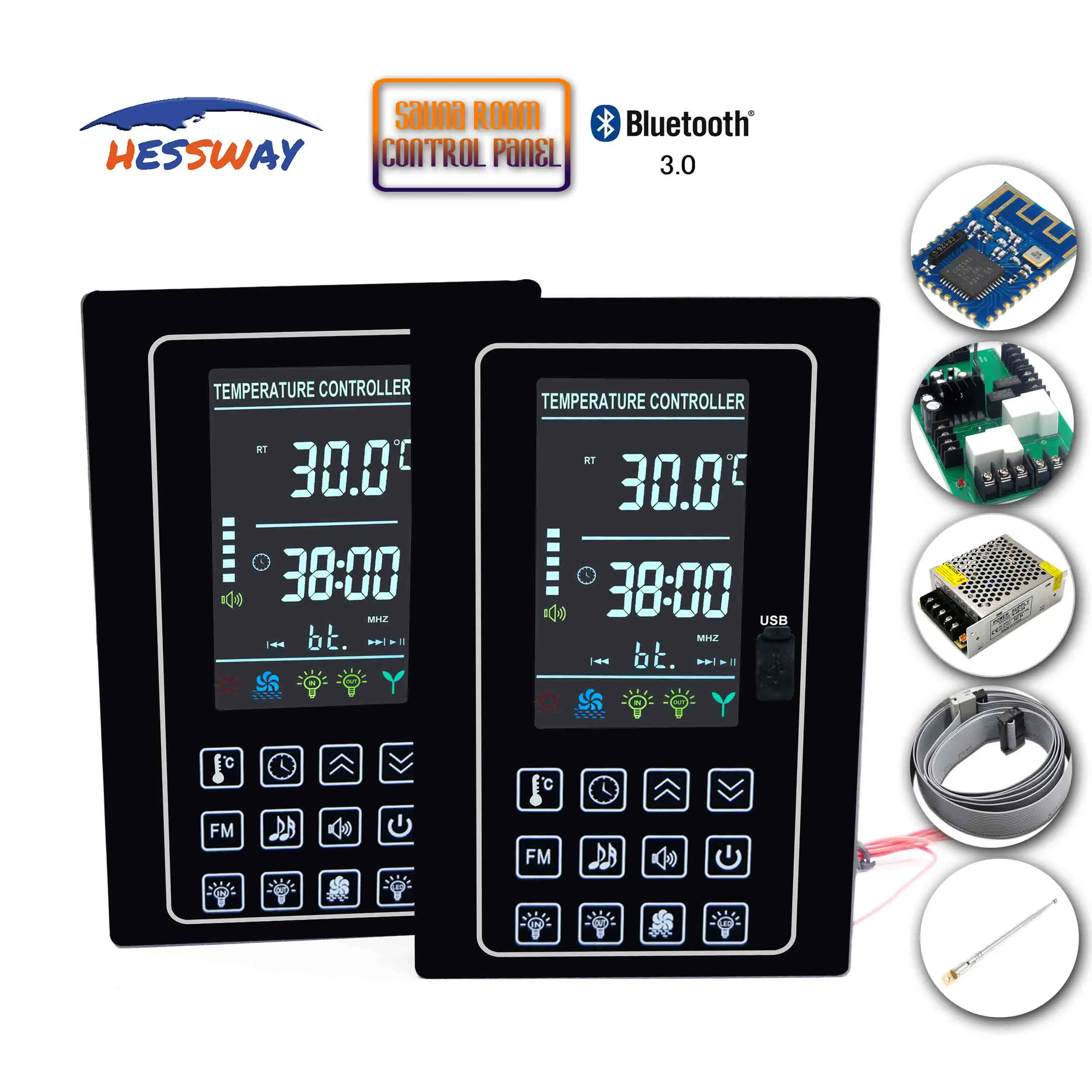 Controlador de temperatura multifunción 30A para sala de Sauna, luz infrarroja, estufa de calentador, altavoz de música Bluetooth, decodificador MP3