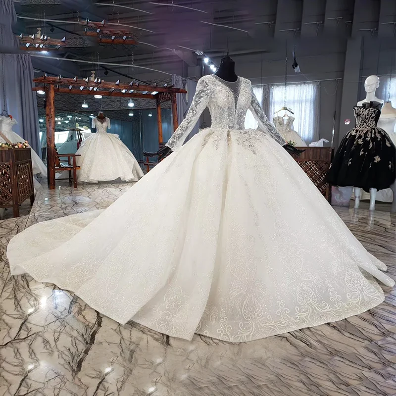 HTL1941 Luxurious Elegant High Neck Crystal Beading Wedding Dress 2020 Sequined Ball Gowns Short Sleeve 3