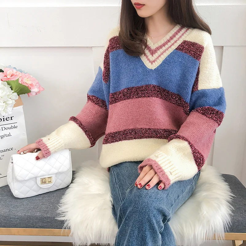 New Arrival Fashion Korean Winter Knitted Women Rainbow Sweater V-neck Light Striped hole design Batwing pullover | Женская одежда