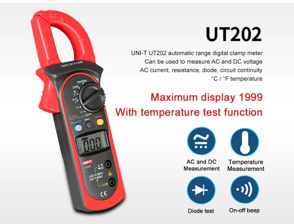 UNI-T UT202 Высокое качество цифровой клещи 400A 600 в мультиметры ток/напряжение A/V сопротивление C F Температура мультиметры