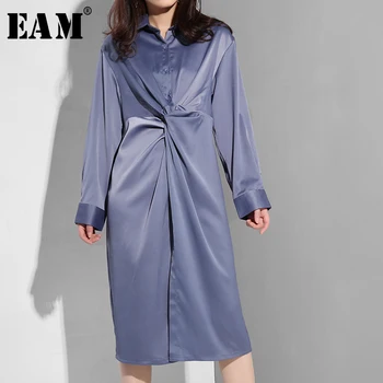 

[EAM] 2020 New Spring Summer Lapel Long Sleeve Blue Waist Fold Knot Split Joint Gloss Temperament Dress Women Fashion S95