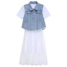 

Women Elegant White Mesh Gauze Buckle Denim Long Dress New Lapel Short Sleeve Loose Fashion Chiffon Spring Summer 2021 Dresses