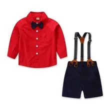 Комплект из 2 предметов для новорожденных мальчиков, джентльменский топ с длинными рукавами, красная рубашка+ комбинезон+ галстук-бабочка, комплект одежды, вечерние комплекты одежды с принцем
