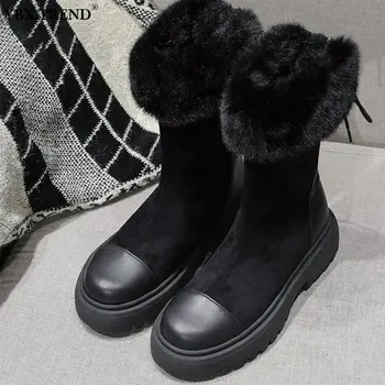 

2020 Women's Shoes Flock Warm Plush Mid-calf boots Lace Up Faux Fur Non Slip Thick Bottom Snow Boots New Female Footwear Winter