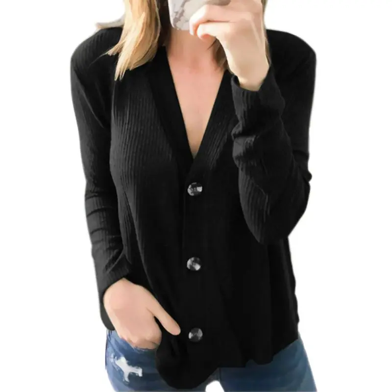 

Women Casual V Collar Long Sleeve Knit Cardigan Jacket Women Fashion Button Autumn Sweaters Coat Retro Solid Color Loose Sweater