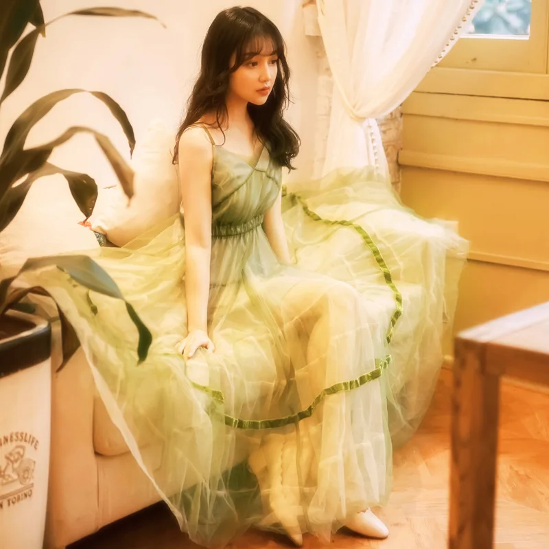 

Green Mesh Dress Camisole Fairy Skirt CHIC Gentle Immortal Princess Long Thailand Summer Seaside Holiday Skirt