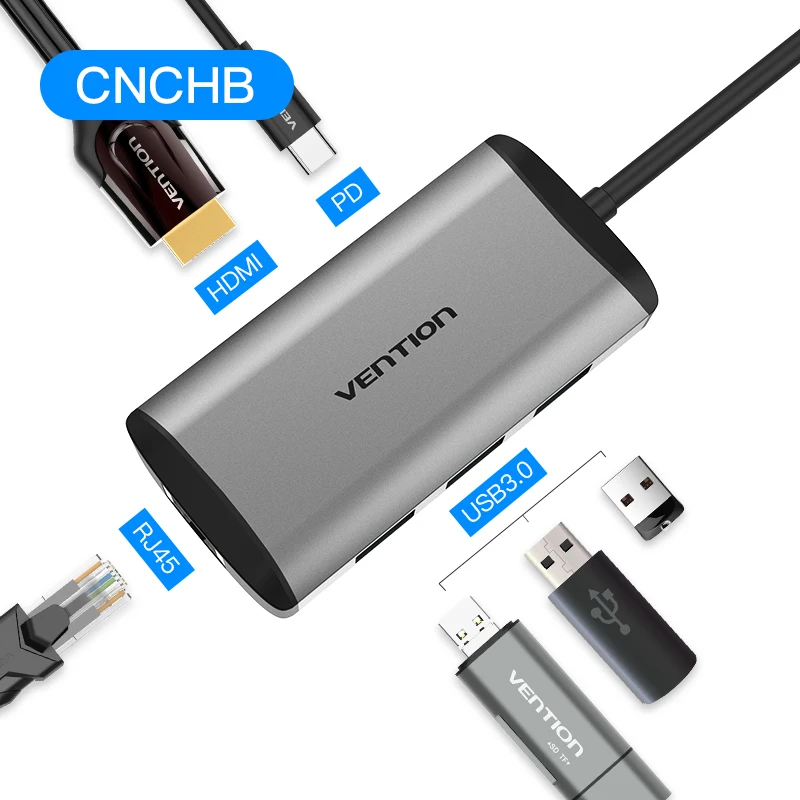 VEnTIO usb-хаб все в одном USB-C к HDMI VGA кард-ридер RJ45 PD адаптер для MacBook samsung Galaxy S8 mate 10 type C концентратор USB 3,0 - Цвет: CNCHB 6 in 1