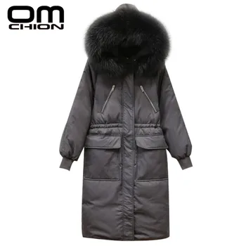 

OMCHION Women's Winter Warm Long White Duck Down Jackets Thick Real Raccoon Fur Collar Hooded Parka Female Outerwear Coat LMJ141