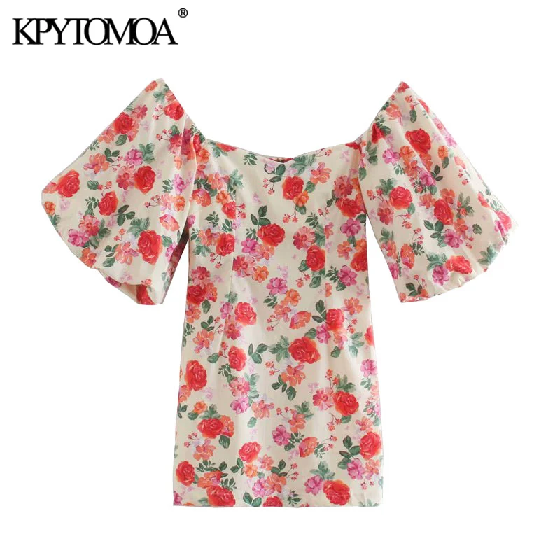 KPYTOMOA Women 2020 Chic Fashion Floral Print Side Zipper Mini Dress Vintage Puff Sleeve Back Elastic Beach Female Dresses Mujer KPYTOMOA Women 2020 Chic Fashion Floral Print Side Zipper Mini Dress Vintage Puff Sleeve Back Elastic Beach Female Dresses Mujer