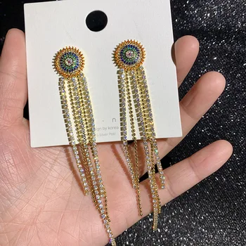 

Long Sun Tassel Earrings Colorful Crystal Rhinestone Earring Silver Needle Gold Color Brand Design Jewelry For Women
