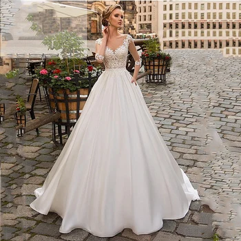 

New Elegant Satin Lace Lvory Wedding Dress Half Sleeve Boho Long Bride Dress Luxury A Line V-Neck Illusion Back Beach Party Gown