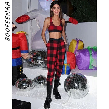 

BOOFEENAA Fashion Red Plaid Print Sexy Matching Sets Tracksuit 2 Piece Set Summer Outfits for Women Crop Top and Pants C87-AE94