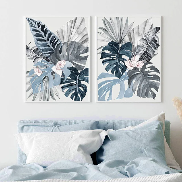 Watercolor Tropical Plants Leaves Blue Canvas