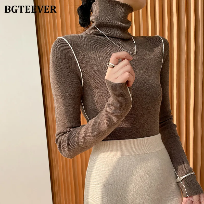 

BGTEEVER Fashion Turtleneck Women Slim Knitted Pullovers Long Sleeve Skinny Slim Female Sweaters Tops 2021 Autumn Winter