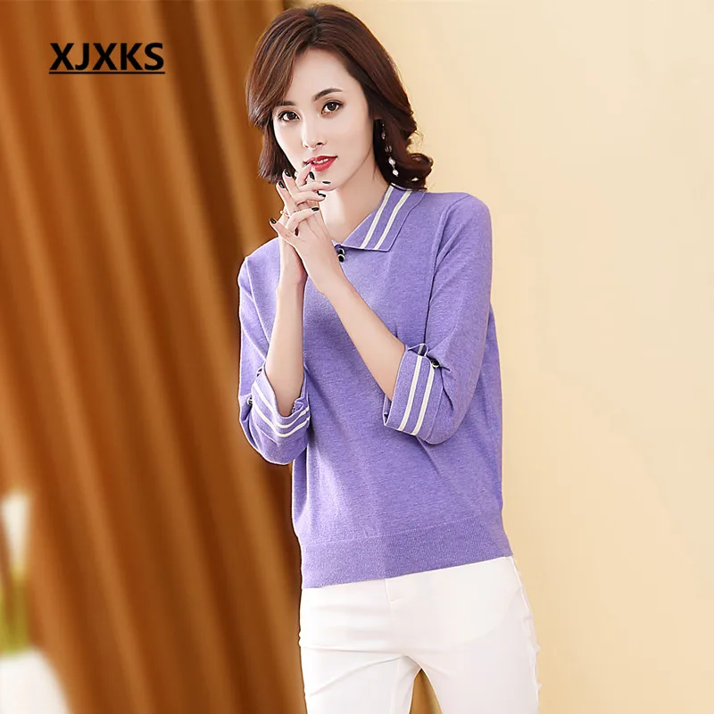 

XJXKS Women Sweater Fall 2019 Women Pullover Long Sleeve Turn-down Collar Sweater Soft Comfortable Pullover High Quality Sweater